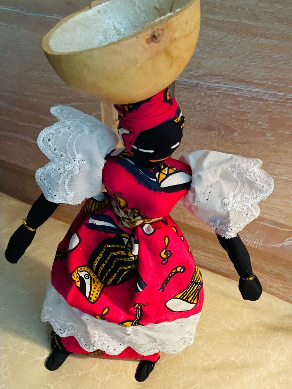 Handmade Senegal-West African cloth Doll with Gourd Bowl on Head-collectible